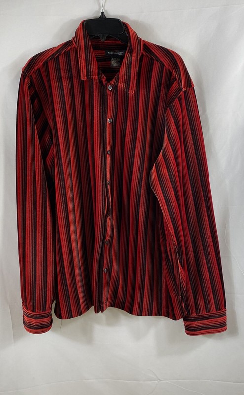 Kenneth Cole Men's Y2K Red Black Striped Velour Button Up Shirt Sz XL
