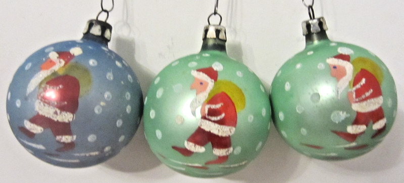 Vtg 1950's Polish Hand Painted Green/Blue Stencil Santa Claus +Toy Sack Ornament