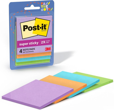 Post-It Super Sticky Notes, 3 X 3 In, Multicolor, 4 Pads, 45 Sheets/Pad