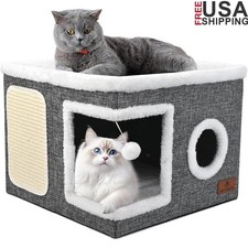 2 in 1 Cube Cat House Bed W/ Scratch Pad  Interactive Ball Durable Pet Condo US