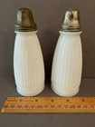 PAIR OF WHITE RIBBED MILK GLASS SALT & PEPPER SHAKERS WITH METAL LIDS 5 1/2" VTG