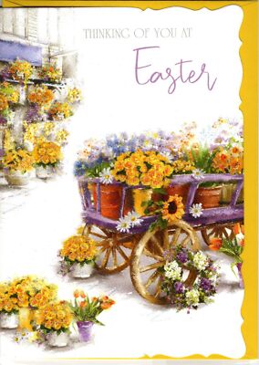 Osterkarte - Thinking of You - Blumenwagen - glitzernd - aus heiterem Himmel NEU