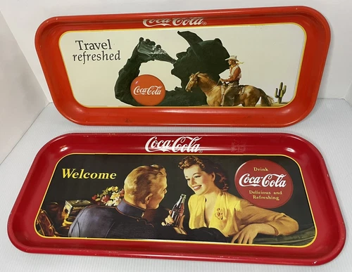 Vintage Coca Cola Cole Metal Serving Trays Welcome & Travel Refreshed 1991
