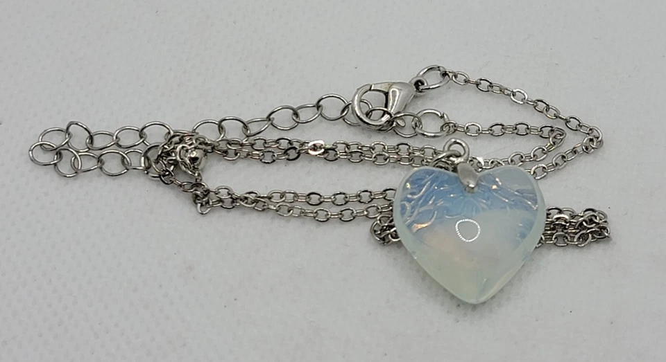 Opalite Heart Shaped Pendant Silver Tone Chain Necklace  - Image 3 of 4