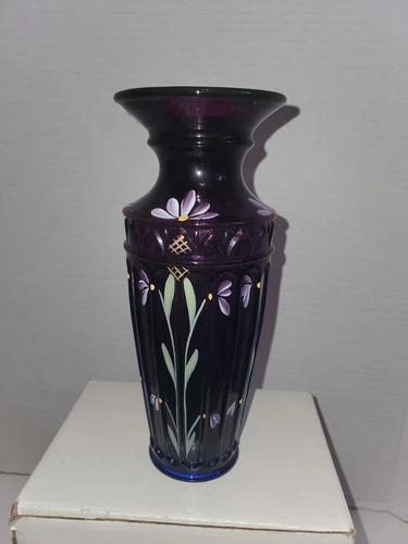 FENTON Mulberry Panel Vase w/Floral Design- Signed S Stephine