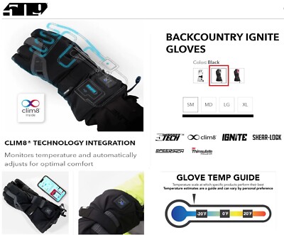 509 Backcountry Ignite Heated  Snowmobile Gloves-Black-Size MD