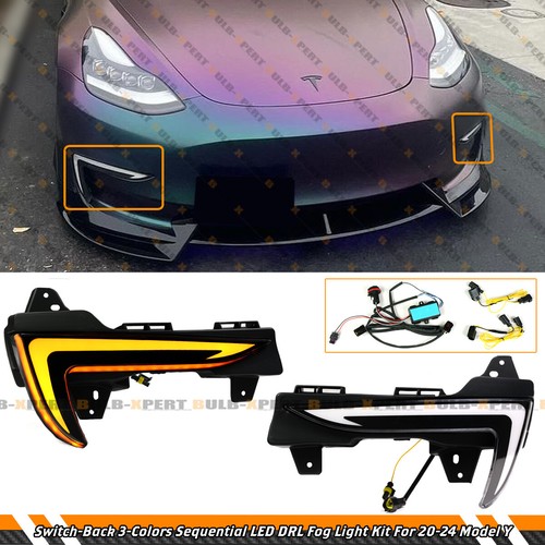 FOR 20-24 TESLA MODEL Y FRONT BUMPER TRI-COLOR SEQUENTIAL LED DRL FOG LIGHT LAMP - Picture 1 of 5