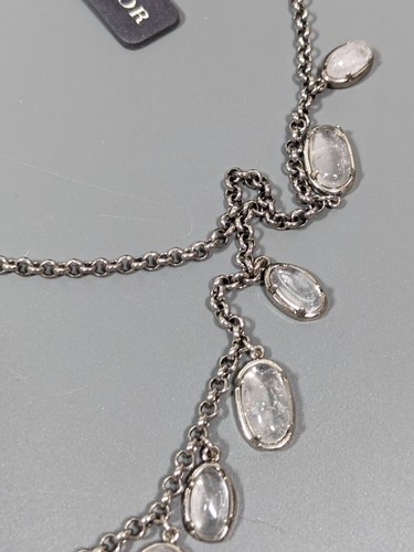 Ann Taylor Gray Metallic Clear Rock Crystal Oval Charm Long Necklace Layered 33" - Picture 4 of 10