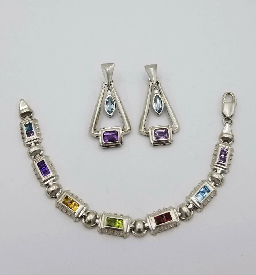 Sterling Silver Multi-gemstone Bracelet Purple Blue Yellow Green Earring Set - Image 2 of 4