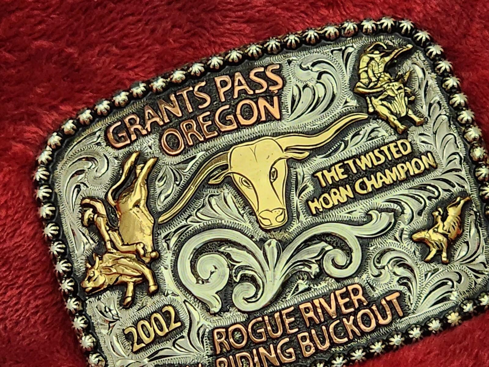 CHAMPION BULL RIDING PRO RODEO TROPHY BUCKLE☆GRANTS PASS OREGON☆2002 ...