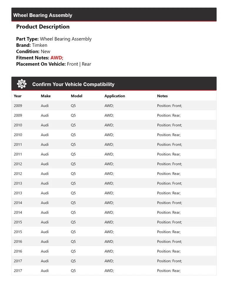 Колесный подшипник в сборе для Audi Q5 AWD 2009-2017 годов выпуска Timken 2010 2011 2012 2013 2014 годов выпуска - Изображение 2 из 4