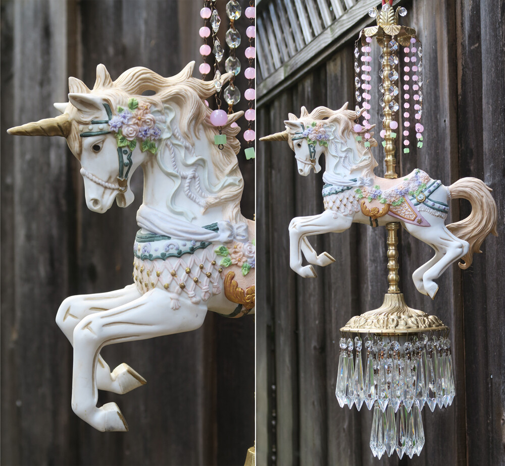 LG Porcelain UNICORN Magical Carousel Horse swag Lamp brass