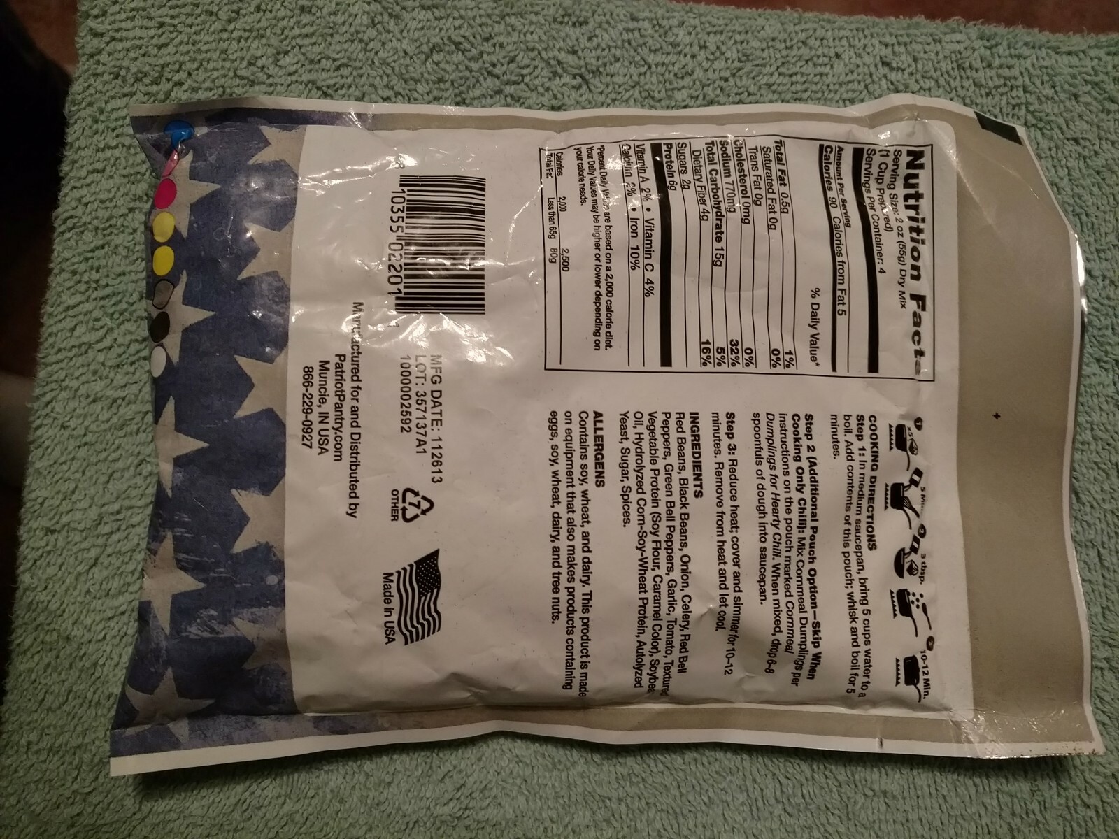 Patriot Pantry food OL 49ers Hearty chili 4 servings 11/26/13 long