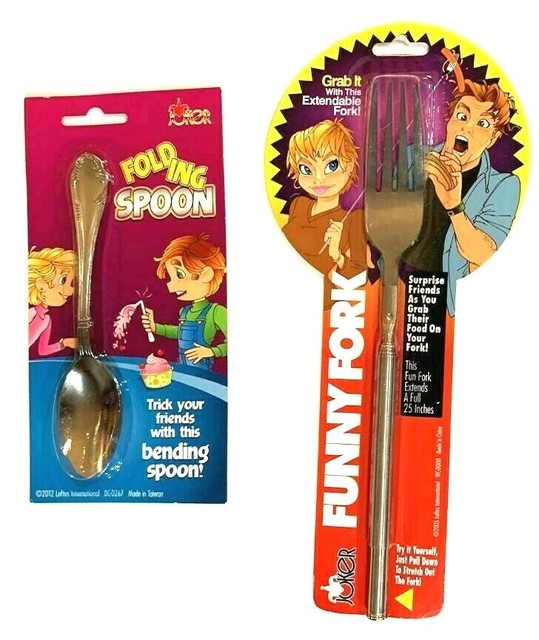2 FUNNY FORK & FOLDING SPOON Set Extends Out 25" Long Gag Joke Prank