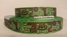 Grosgrain Ribbon, Cute Green Brown Turtles on Patchwork, Wildlife, 7/8" Wide