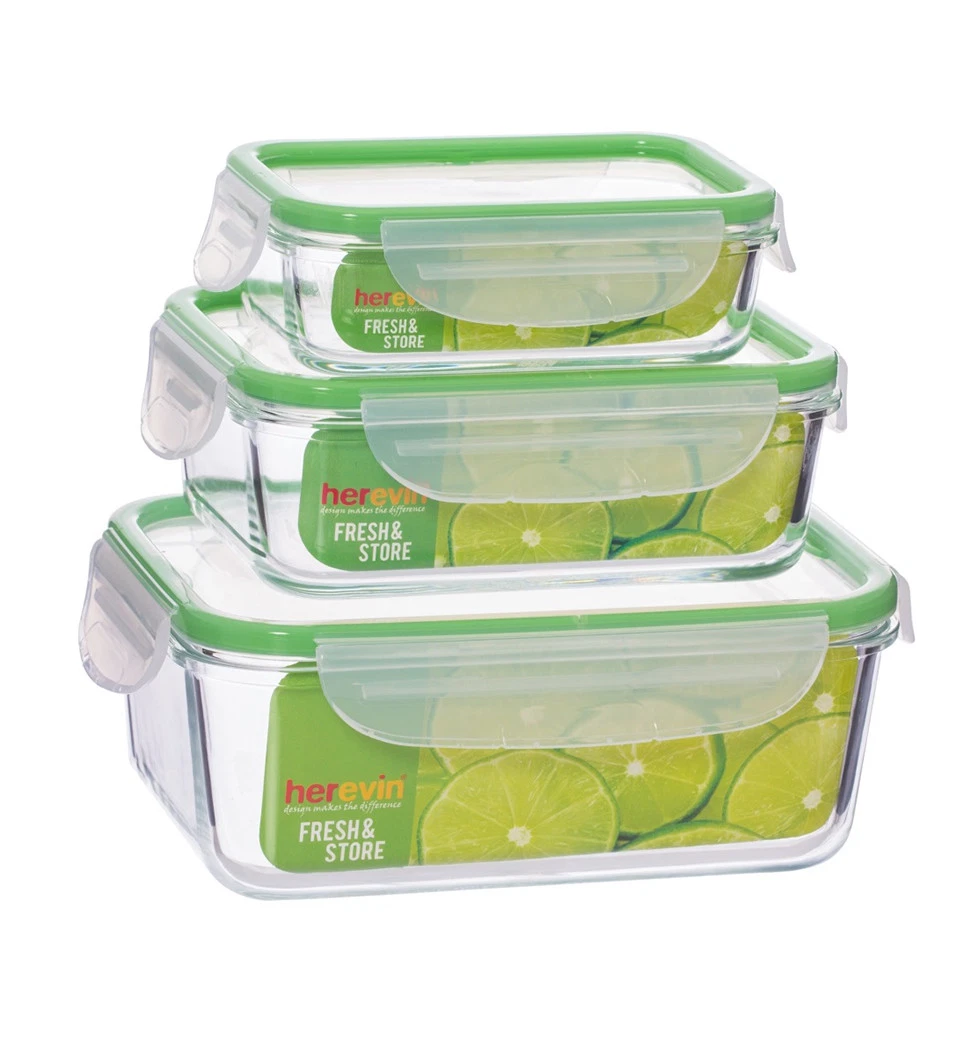 Food Storage Containers 3pcs Glass w/Green Top Lids Microwave/Oven Freezer Safe