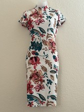 SHEIN Clasi Floral Mock Neck Bodycon Midi Dress White Pink Size S EU 36 US 4