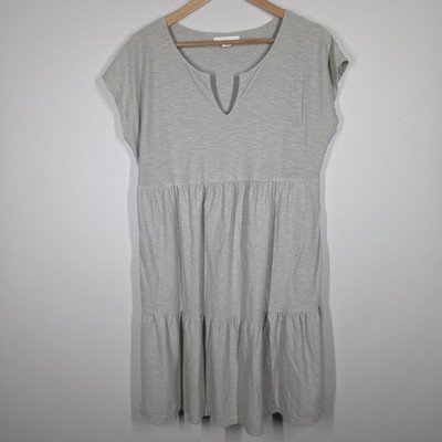 Becasa Taupe Tan Cotton Linen Tired Mini Dress Notch Neck Short Sleeve Medium