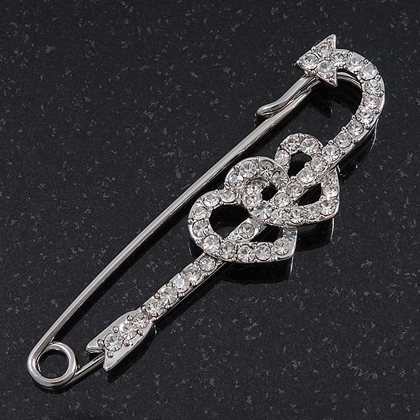 Swarovski Crystal 'Double Heart' Safety Pin Brooch In Rhodium Plating - 7.5cm
