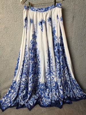 Cupio Maxi Skirt Womens M White Blue Scroll Design Full Skirt
