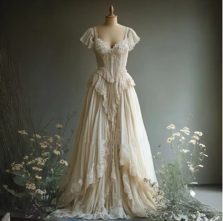 Vintage Medieval Wedding Dress Victorian Short Sleeve Lace Ruffled A-line - Image 2 of 4