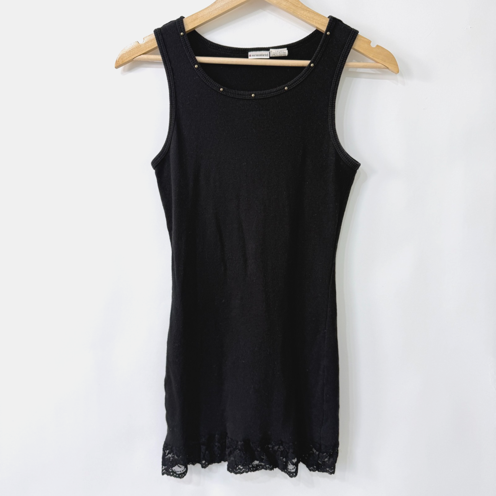 Vintage Y2K No Boundaries Long Ribbed Tank Large Black Studded Lace Grunge Goth