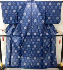 Japanese Vintage Kimono Cotton Blue No Lining Komon Traditional Length 62 in