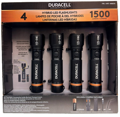 Duracell Durabeam Ultra Hybrid LED Flashlights, 1500 Lumens, Rechargeable 4-Pack