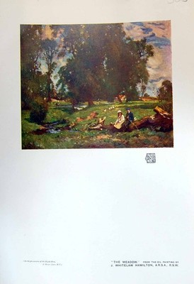 Antiker alter Druck Wiesenszene Bäume Junge Mädchen Whitelaw Hamilton Farbe 1913