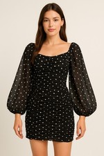 ASOS Black Ruched Mini Dress Long Sheer Puff Sleeves Polka Dot Size US 2 / UK 6 