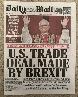 Daily Mail 9th May 2025 9/5/25 New Pope Leo XIV & US Trade Deal