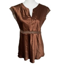 NEIMAN MARCUS NK IMODE Women's Medium Brown 100% Silk Lace Blouse Tank Lingerie