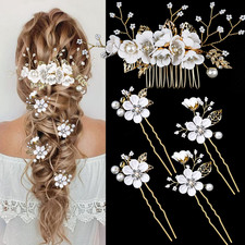 5 PCS Bridal Flower Wedding Hair Pins Crystal Pearl Hair Clips Headpiece Gold We