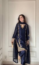 New Latest Blue Natural Crepe Silk Top Bottom And Dupatta For Ethnic Wear