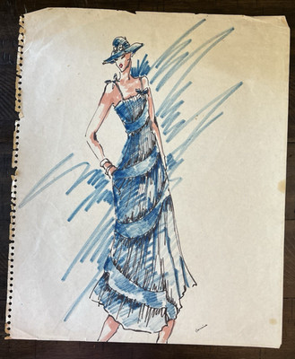 Vintage Early Hand Colored Ladies Fashion Clothes Drawing Sketch Design Signed