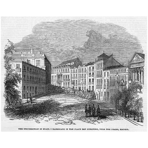 SPAIN Insurrection Barricade in Place San Geronimo Madrid - Antique Print 1854