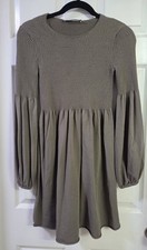 ZARA Smocked Knit Mini Dress Balloon Sleeve Taupe Brown Medium M Cottagecore