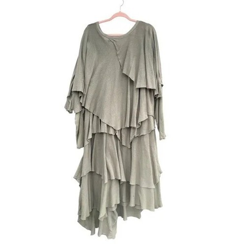 Boho Chic Layered Olive Green Dress XL 100% Cotton Made In USA lagenlook - Picture 2 of 8