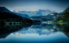 Landscape nature lake mountains reflection water calm Custom Gaming Mat Desk