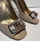 PRADA Beige Linen Jeweled Gold Lame Leather Open Toe High Heel Shoes Pumps Bag 9 — photo 3