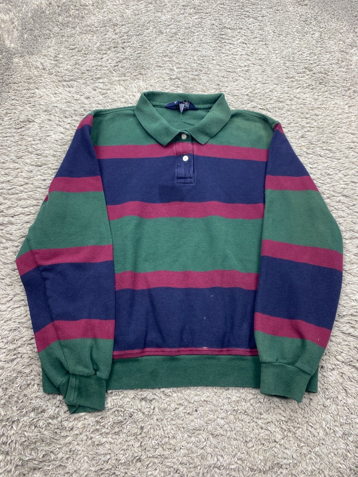 Lands End Womens XL Vintage 90s Y2K Heavyweight Striped Rugby Polo Long Sleeve