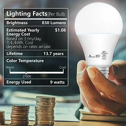 A19 LED Light Bulbs 9W (60W Equivalent) 830 Lumens E26 (5000K Daylight), 6 Pack - Image 4 of 4