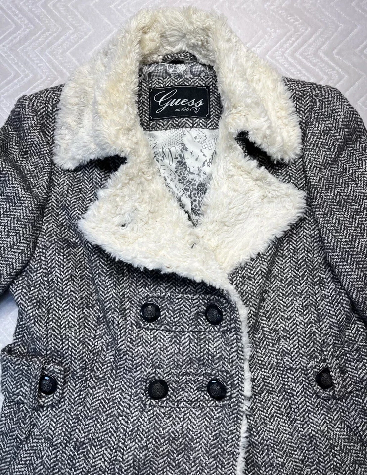 Guess женщин большой серый твид двубортный Куртка Пальто Y2K шерпа елочка - Изображение 4 из 4