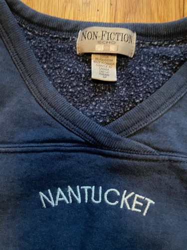 VTG Non-Fiction V-Neck Sweatshirt Nantucket ACK Blue Small Canada Preppy - Picture 2 of 4