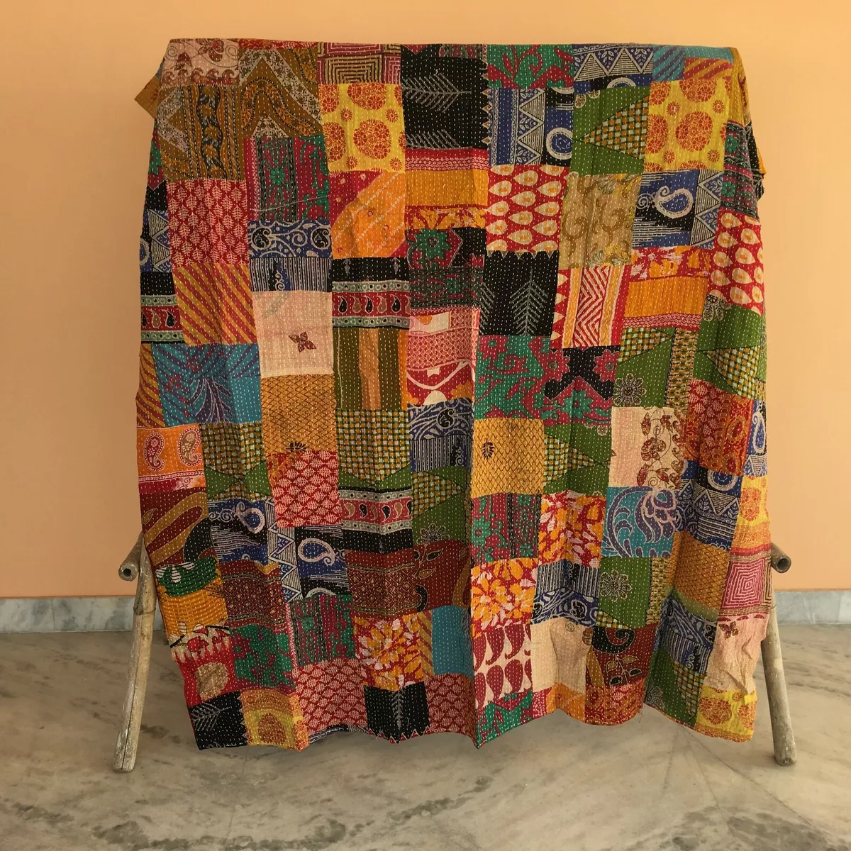 Reversible Vintage Patchwork Kantha Quilt Multicolor Twin Blanket Bed Runner