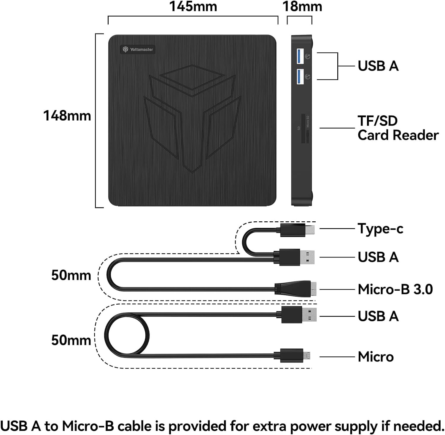 Yottamaster External CD/DVD Drive USB3.0 CD Burner with SD/TF Card Reader Player