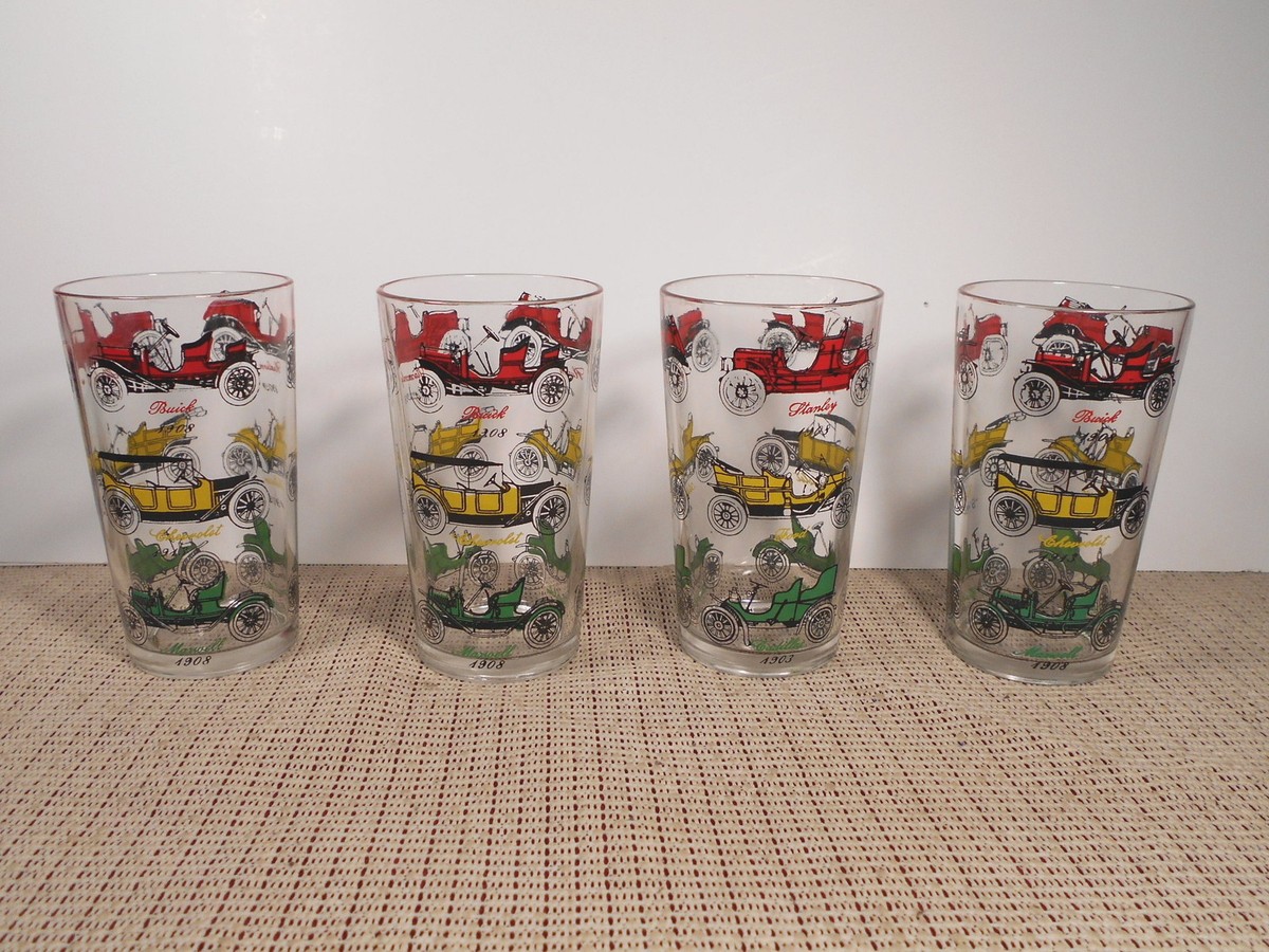 Nice Set of 4 Vintage Cars Designs 10 oz Glass Tumblers 5" T | eBay
