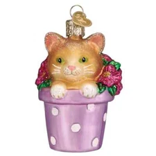 Old World Christmas KITTEN IN FLOWER POT (12664) Glass Ornament w/Box