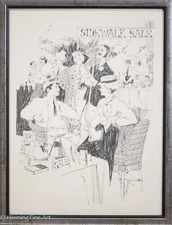 Beautiful Illustration Drawing Sidewalk Yard Sale by Ron Mahoney, Framed & Fine!