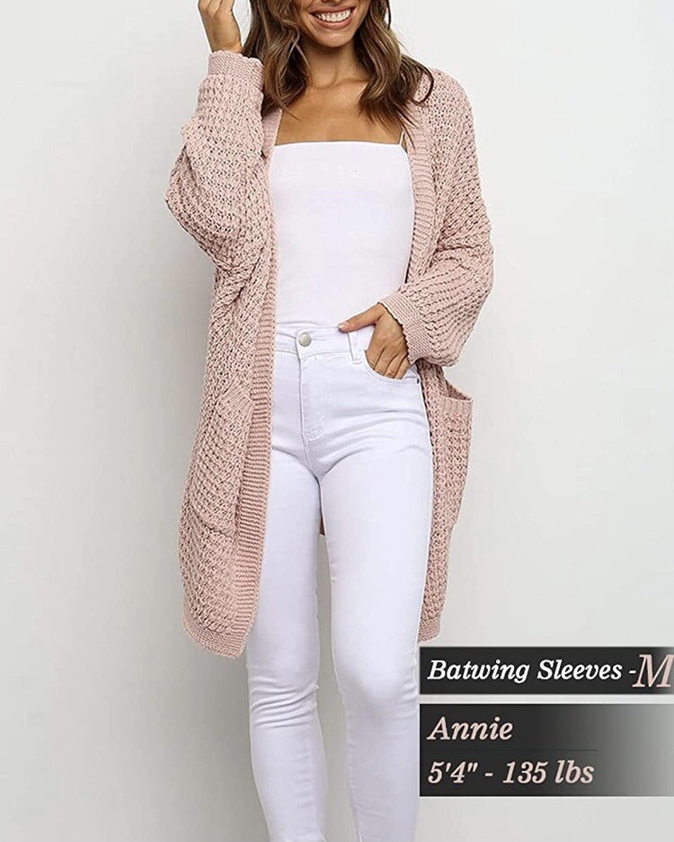 FERBIA Women's Oversized Chunky Knit Cardigan - Open Front, Pom Pom Trim, Long Fall Sweater - Dark Pink, X-Large
